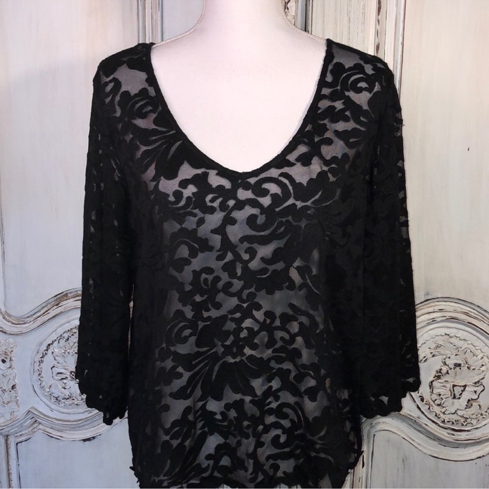 Ella Moss Black lace mesh blouse top, Medium Sexy Anthropologie Modcloth